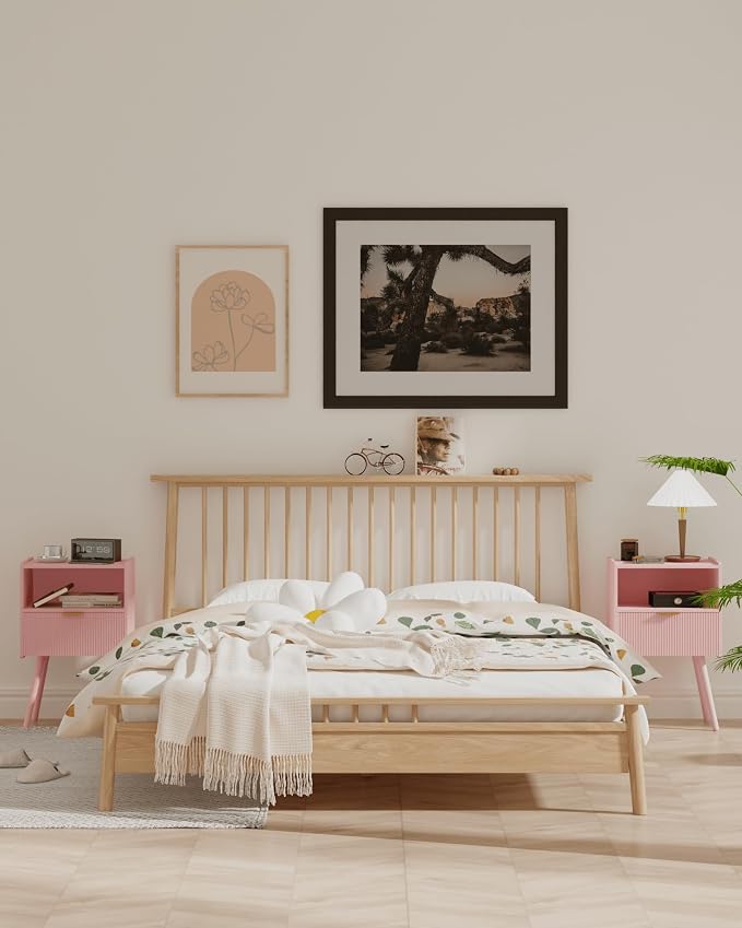 Veegle Nightstand,Modern Bedside Table with Storage Drawer and Open Wood Shelf, Accent Night Stand with Solid Wood Legs for Living Room, Bedroom and Small Spaces,Easy Assembly (Pink)