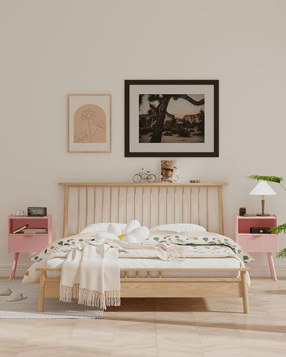 Veegle Nightstand,Modern Bedside Table with Storage Drawer and Open Wood Shelf, Accent Night Stand with Solid Wood Legs for Living Room, Bedroom and Small Spaces,Easy Assembly (Pink)
