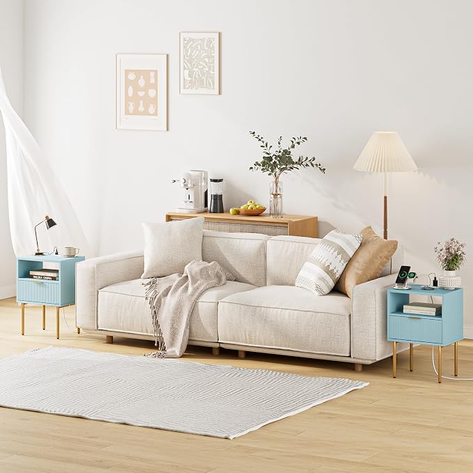 Masupu Nightstand with Charging Station,Mid-Century Modern Bedside Table with Storage Drawer and Open Wood Shelf,Small Gold Frame Side Table for Bedroom,Living Room (Blue)