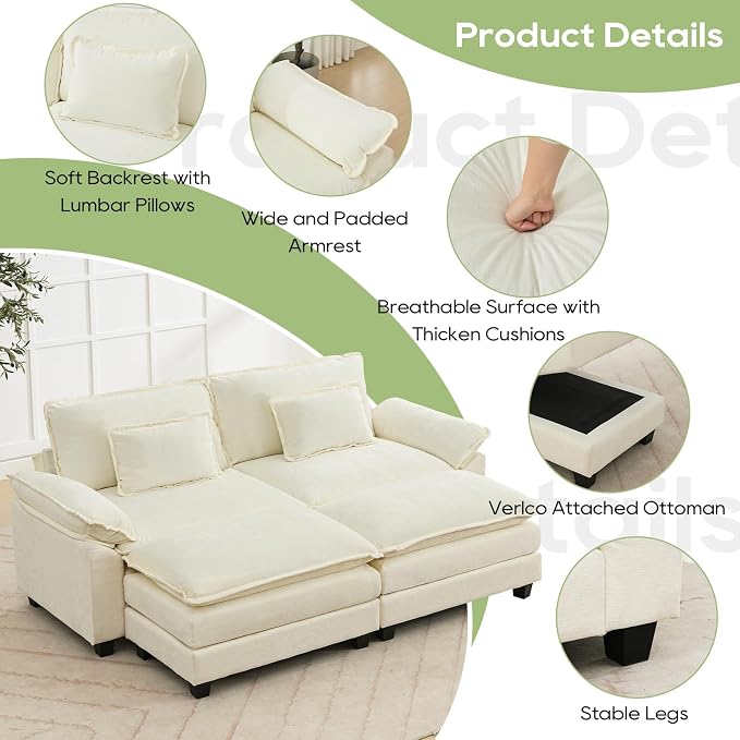 Oprisen 86" Modular Sectional Sofa, Comfy Cloud Couch Sectional Sofa with Ottoman, Chenille Sofa Sleeper Deep Seat Sofa with Throw Pillows for Living Room (Beige White)