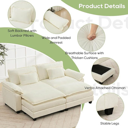 Oprisen 86" Modular Sectional Sofa, Comfy Cloud Couch Sectional Sofa with Ottoman, Chenille Sofa Sleeper Deep Seat Sofa with Throw Pillows for Living Room (Beige White)