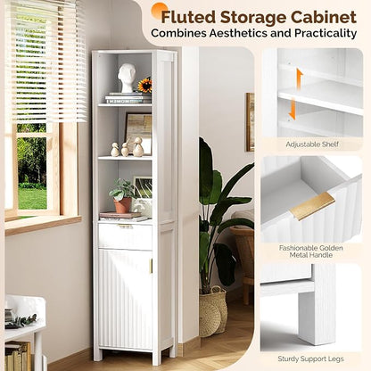VINGLI 68" Tall Narrow Bathroom Storage Cabinet, Slim Freestanding Floor Cabinet with Fluted Door & Drawer, 12 Inch Deep Skinny Wood Organizer for Small Spaces, Kitchen & Living Room, White