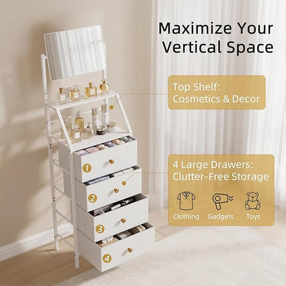 HIGDBFE 4-Drawer Dresser with Mirror, Vanity with 2-Tier Shelves, Fabric Chest of Drawers for Small Space, Vertical Storage Cabinet for Bedroom, Nightstand Bedside Table Furniture, White, 15.3" W