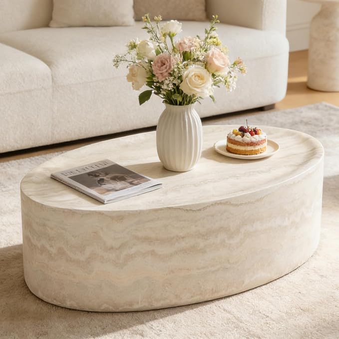 43.7" Oval Marble Coffee Table, Modern Round Coffee Tables, Faux Stone Center Tables, Small Accent Tea Table, Luxury Fiberglass Side End Table for Living Room Aparment Office, No Assembly