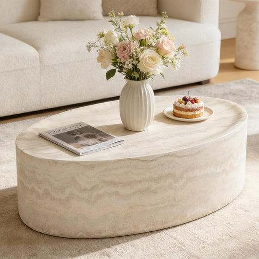 43.7" Oval Marble Coffee Table, Modern Round Coffee Tables, Faux Stone Center Tables, Small Accent Tea Table, Luxury Fiberglass Side End Table for Living Room Aparment Office, No Assembly