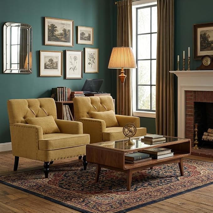 HUIMO Set of 2 Accent Chairs for Living Room, Tufted Upholstered Club Chairs with Lumbar Pillows, Vintage Reading Armchairs with Solid Wood Legs for Bedroom Apartment, Mustard Yellow