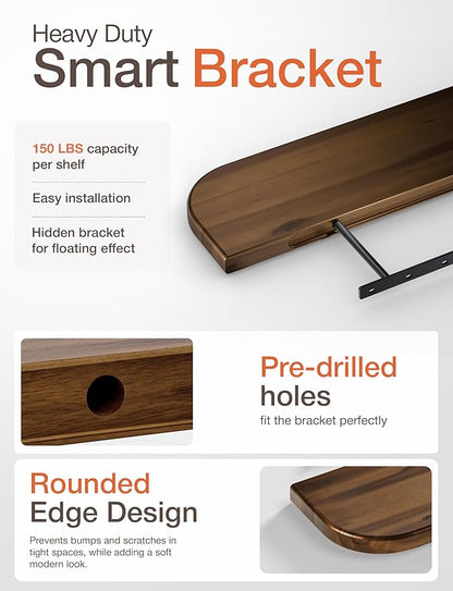 BATODA Set of 2 36” Acacia Floating Shelves for Wall (Round Edge) - Floating Bookshelf Wall - Storage Wood Shelves for House Decor, Kitchen, Bathroom - Brackets and Hardware Included (Walnut Color)