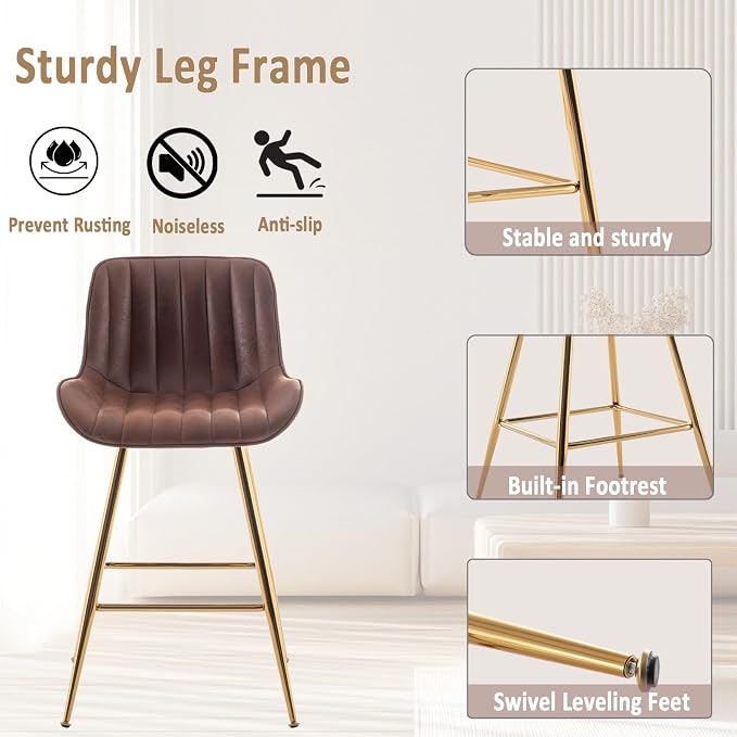 Sidanli Brown Velvet Bar Stools-Set of 2, 24 Inch Bar Stools for Kitchen Counter