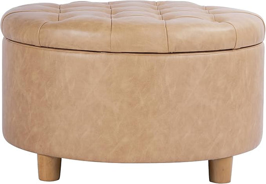 HomePop 28" Button Round Storage Ottoman - Light Camel Faux Leather