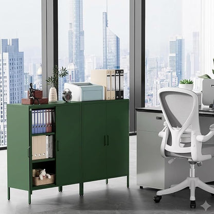 Metal Locker Storage Cabinet, Accent Sideboard Cabinet with Adjustable Shelves for Home Office, Garage, Kitchen, Living Room, Kitchen (Green, 40" H-Metal Doors)