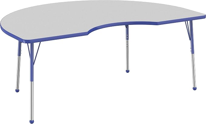 FDP Kidney Activity School and Office Table (48 x 72 inch), Standard Legs with Ball Glides for Collaborative Seating Environments, Adjustable Height 19-30 inches - Gray Top and Blue Edge