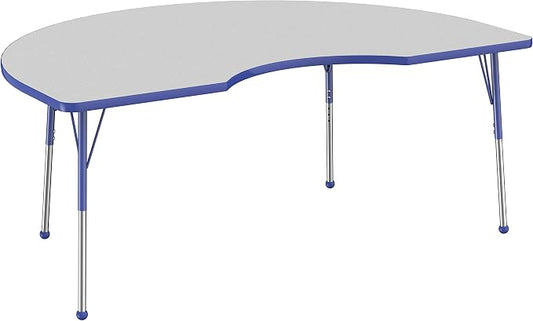 FDP Kidney Activity School and Office Table (48 x 72 inch), Standard Legs with Ball Glides for Collaborative Seating Environments, Adjustable Height 19-30 inches - Gray Top and Blue Edge