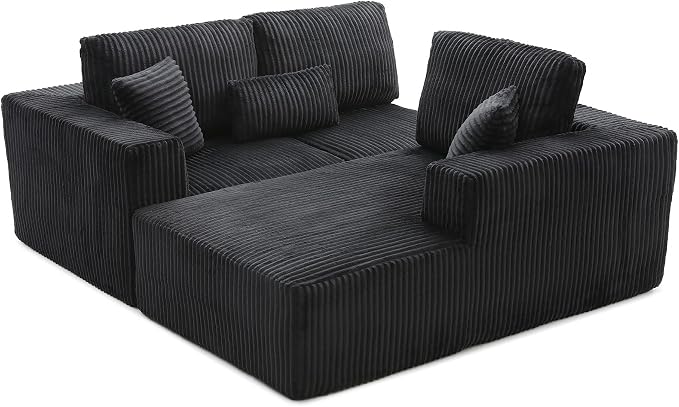 L Shaped Modular Boneless Sectional Couches for Living Room, Wide Armrest, Deep Seat, Memory Foam, Assembly Free, Modern Comfy Corduroy Fluffy Cloud Sofa with Right Chaise, Black