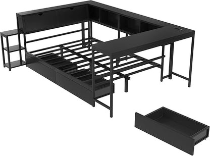 Bellemave Queen Corner Bed Frame with Desk and Storage, Queen Size Captains Bed with Charging Station and LED Light, Wood Daybeds with L-Shaped Bookcase and 2 Drawers, Black