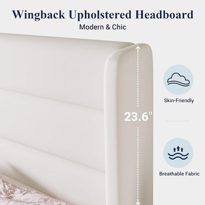 Allewie King Size Platform Bed Frame with Velvet Upholstered Wingback Headboard, No Box Spring Needed, Under Bed Storage Space, Strong Wooden Slats, Modern Mattress Foundation, Easy Assembly, White