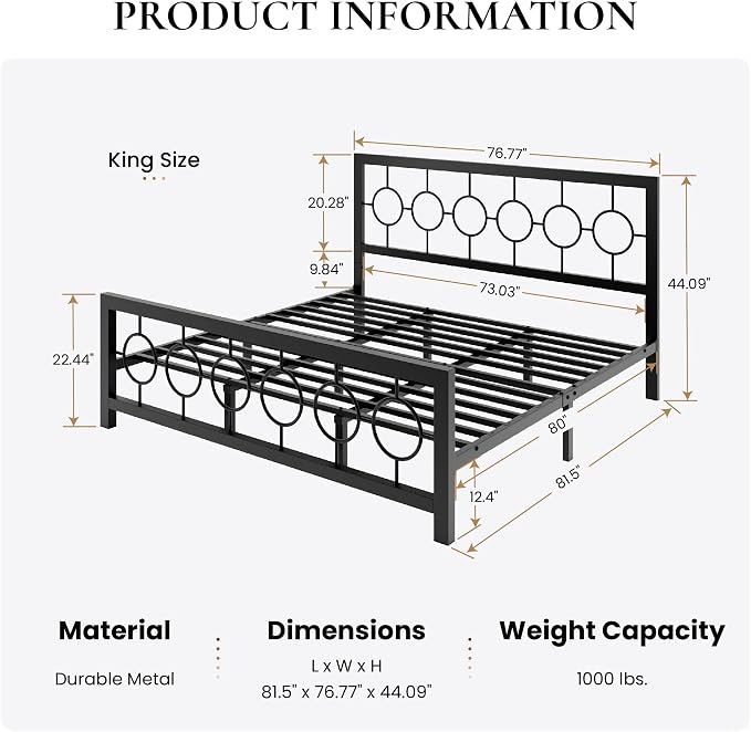 SHA CERLIN King Size Metal Bed Frame with Vintage Circular Design Headboard and Footboard,No Box Spring Required,Easy Assembly,Noise-Free,Black