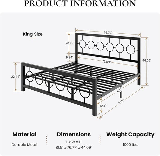 SHA CERLIN King Size Metal Bed Frame with Vintage Circular Design Headboard and Footboard,No Box Spring Required,Easy Assembly,Noise-Free,Black
