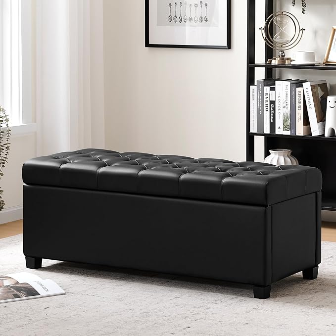47.2" Ottoman with Storage, Storage Ottoman Bench with Safety Hinge,Tufted End of Bed Bench, Upholstered Entryway Bench for Bedroom, Living Room & Window (Black-Upgraded Version)