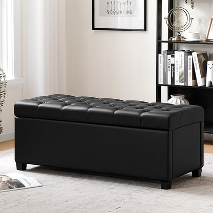 47.2" Ottoman with Storage, Storage Ottoman Bench with Safety Hinge,Tufted End of Bed Bench, Upholstered Entryway Bench for Bedroom, Living Room & Window (Black-Upgraded Version)
