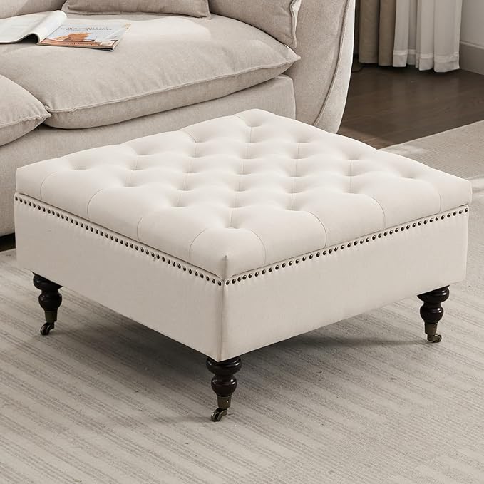 Large Square Storage Ottoman Uphlostered Tufted Button Coffee Table, Oversized Footrest Bench with Castered Rolling Wheels for Living Room, Beige Linen Waterproof