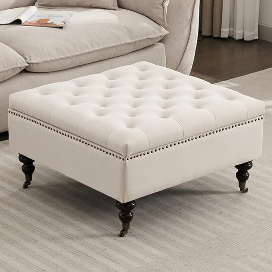 Large Square Storage Ottoman Uphlostered Tufted Button Coffee Table, Oversized Footrest Bench with Castered Rolling Wheels for Living Room, Beige Linen Waterproof