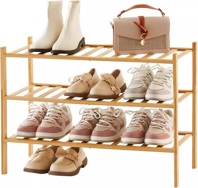 Shoe Rack Multi Tier Storage Organizer Wide Metal Shoe Shelf for Closet Entryway, Bamboo Stackable Multi-Layer Shelf Doorway Simple Folding Shoe Rack
