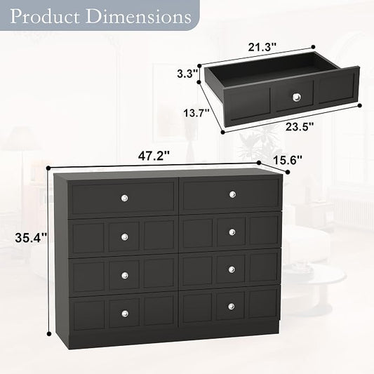 8 Drawer Dresser for Bedroom: 47" Black Wide Tall Dressers for Bedroom, Modern Fluted Dresser with Deep Drawers, Wooden Chest of Drawers for Living Room