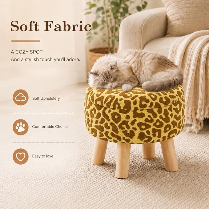 Wimarsbon Storage Ottoman, Modern Round Footrest with Soft Padded Seat, Pattern Velvet Footstool with Wood Legs, Accent Small Table or Plant Stand for Hallway, Living Room (Yellow)