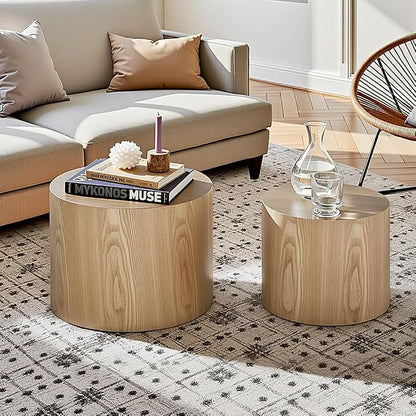 Nesting Coffee Table Set of 2, Modern Round Coffee Table with Non-Slip Feet, Oak Wooden Circle Accent Tables for Small Spaces Living Room Bedroom Balcony Office Drum Side Table