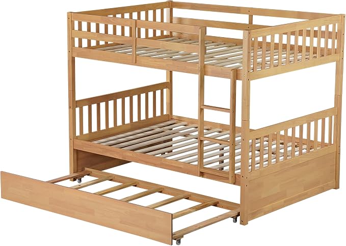 Bellemave Full Over Full Bunk Bed with Trundle,Convertible Bunk Beds with Ladder & Safety Guardrails,Full Size Trundle Bunk Beds for Kids Girls Boys,Natural