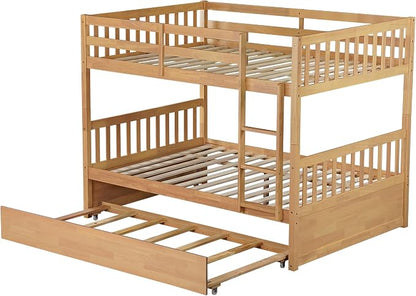 Bellemave Full Over Full Bunk Bed with Trundle,Convertible Bunk Beds with Ladder & Safety Guardrails,Full Size Trundle Bunk Beds for Kids Girls Boys,Natural