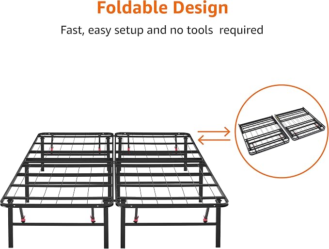 Basics Bed Frame with Storage, Foldable Metal Platform, Sturdy Steel, No Box Spring Needed, 14 inches High, Tool-Free Easy Assembly, Noise-Free, King Size, Black