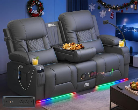 Power Loveseat Recliner Sofa, Electric Reclining Loveseat Couch with Console, Home Theater Seating with Bluetooth Speaker & LED Light, Zero Wall Hugger RV Sofa Furniture with Built-in Outlet & Storage