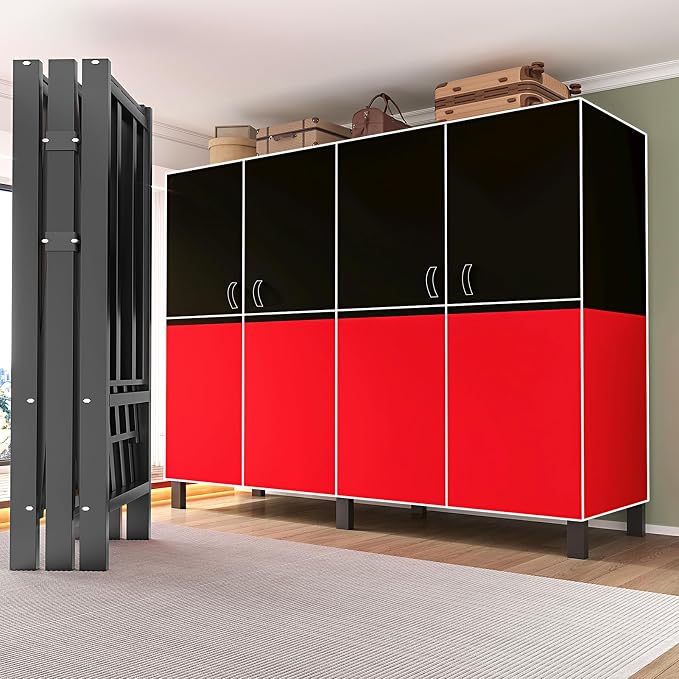 Heavy Duty Clothes Rack with Cover, Portable Wardrobe Closet with Magnetic Door & Black Steel Frame, Foldable Freestanding Garment Storage (Red-Magnetic Door, 49.2''L x 20.5''W x 67''H)