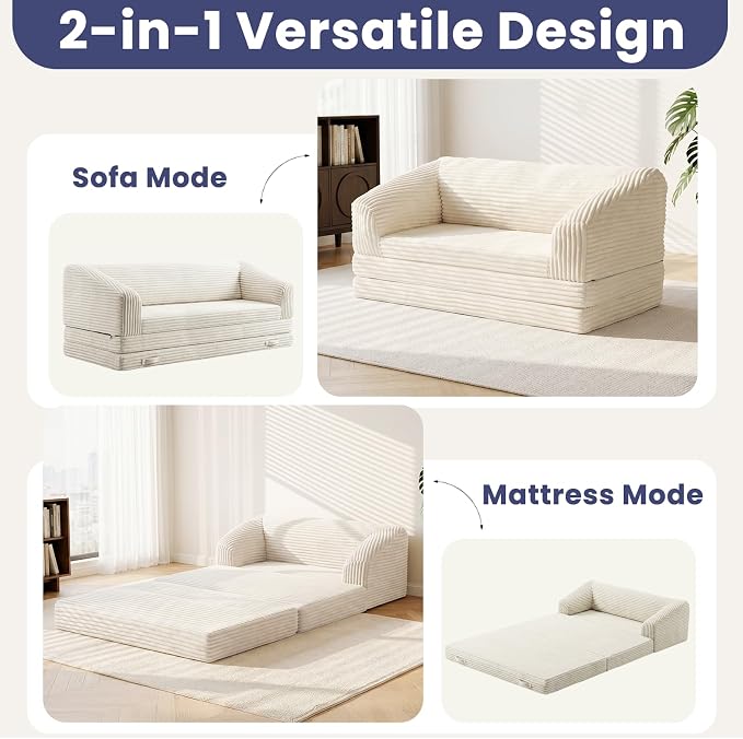 JUIKURY Convertible Sofa Bed, 3-in-1 Foldable Loveseat Couch with Armrest, Corduroy Floor Sofa & Sleeper Bed, No Assembly High-Density Foam Futon Mattress for Living Room, Small Apartment, Dorm