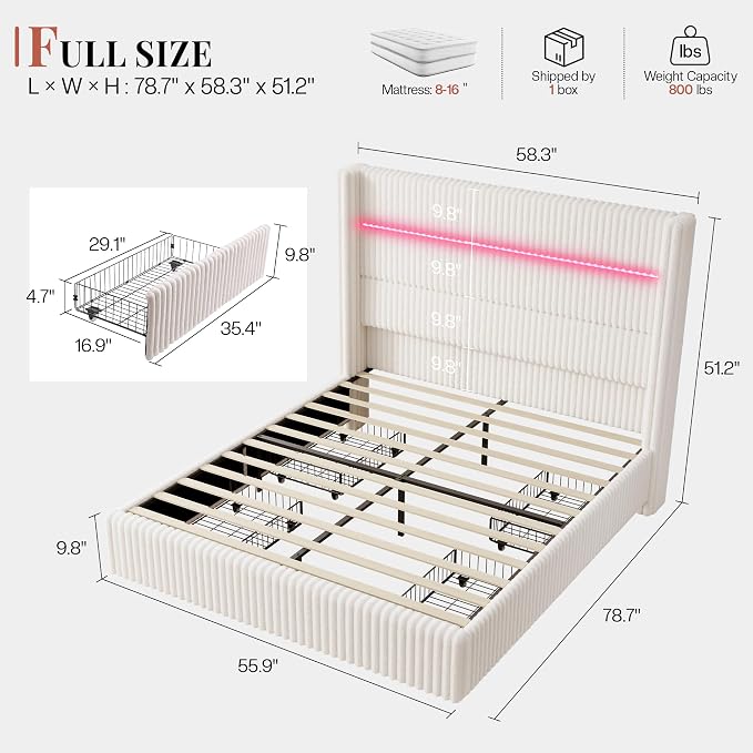 Jocisland Full Size Corduroy Upholstered Bed Frame with 4 Storage Drawers & 51.2" Tall Wingback Headboard, LED Platform Bed with Charging Station, Easy Assembly, No Box Spring Needed, White