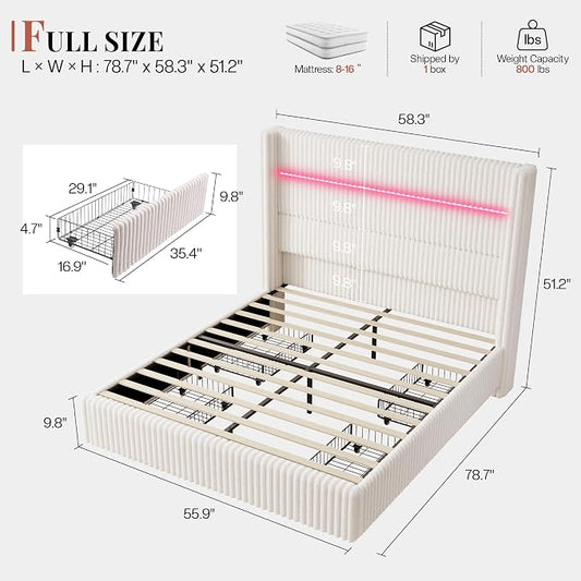 Jocisland Full Size Corduroy Upholstered Bed Frame with 4 Storage Drawers & 51.2" Tall Wingback Headboard, LED Platform Bed with Charging Station, Easy Assembly, No Box Spring Needed, White