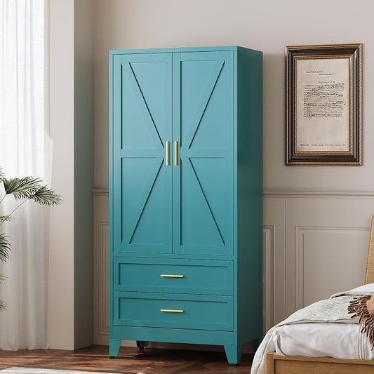 QINPTWUT 71" Tall Metal Wardrobe with Doors, Hanging Rod & Adjustable Shelf, Freestanding Steel Armoire for Bedroom Home Office, 2-Drawer Blue