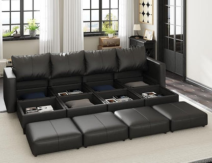 EASE MOOSE Modular Sofa Sectional Couch with Storage Ottomans,Black Faux Leather Sectional Sofa U Shaped Sofa Modular Sectional Sofa Couch