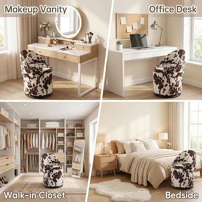 LukeAlon Linen Makeup Ottoman with Storage, Upholstered 360° Swivel Vanity Stool with Foldable Backrest Modern Cylindrical Footrest Stool for Living Room Bedroom, Cow Print