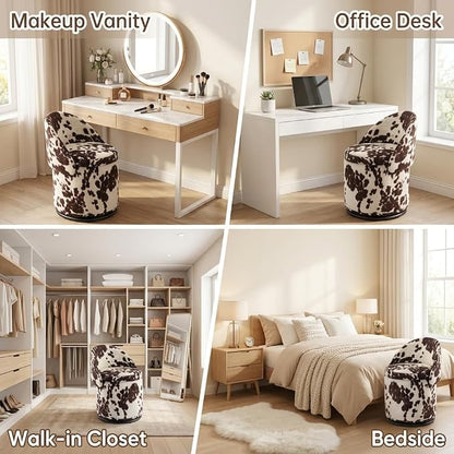LukeAlon Linen Makeup Ottoman with Storage, Upholstered 360° Swivel Vanity Stool with Foldable Backrest Modern Cylindrical Footrest Stool for Living Room Bedroom, Cow Print