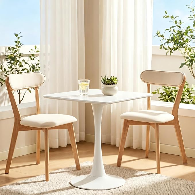 Square Dining Table, 27.6" Tulip Table with Thickened Tabletop & Metal Pedestal, Mid Century Modern Bistro Table for Kitchen, Small Places, Living Room, Cafe (White)