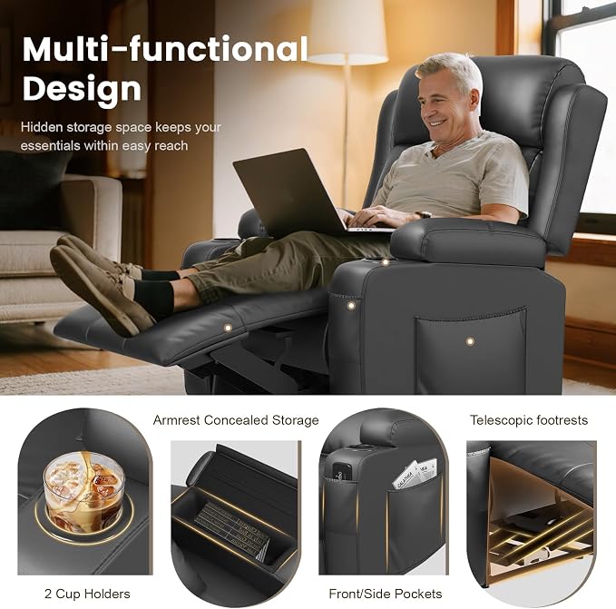 Power Recliner Chair, Home Theater Seating with Heat Massage, Reclining Sofa RV Single Chair, Wall Hugger RV Movie Theater Chairs, RV Furniture Sofas with USB, Cup Holders, Pockets for Gaming Room