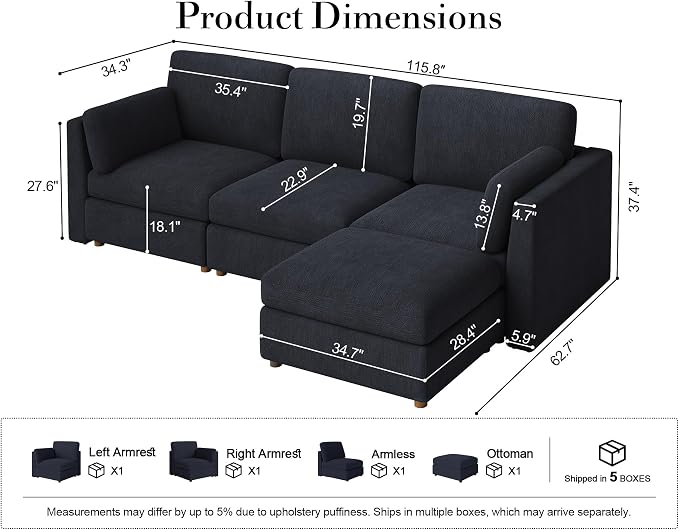 Oversized Modular Sectional Sofa, L-Shaped Cloud Couches Blue | 116'' Deep Seat Couch for Living Room, 4-Seater Luxury Corner sofa with Ottoman, Solid Wood Frame, Removable Washable Cover