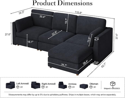Oversized Modular Sectional Sofa, L-Shaped Cloud Couches Blue | 116'' Deep Seat Couch for Living Room, 4-Seater Luxury Corner sofa with Ottoman, Solid Wood Frame, Removable Washable Cover