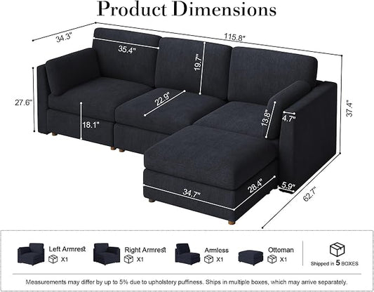 Oversized Modular Sectional Sofa, L-Shaped Cloud Couches Blue | 116'' Deep Seat Couch for Living Room, 4-Seater Luxury Corner sofa with Ottoman, Solid Wood Frame, Removable Washable Cover