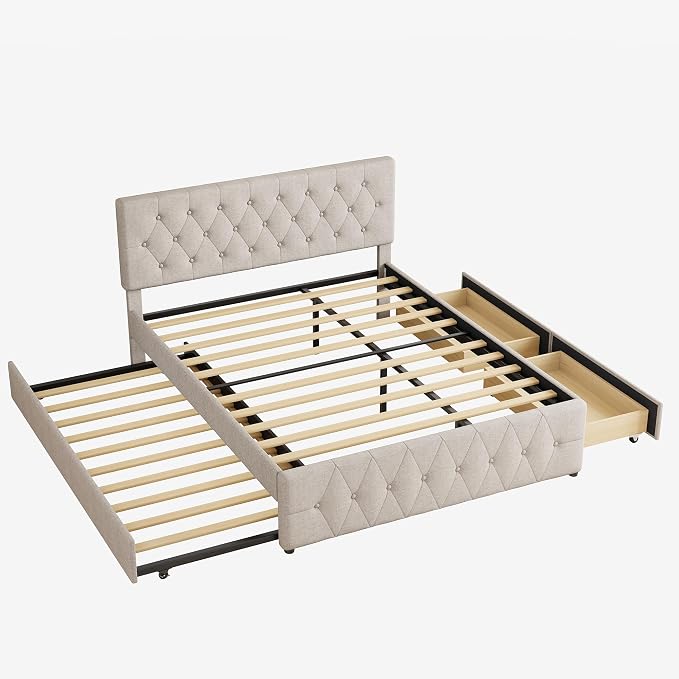 Queen Bed Frame with 2 Wood Storage Drawers & Pull‑Out Trundle Bed,Upholstered Platform Bed Frame Queen Size with Adjustable Headboard,Wooden Slats Support,No Box Spring Needed,Taupe