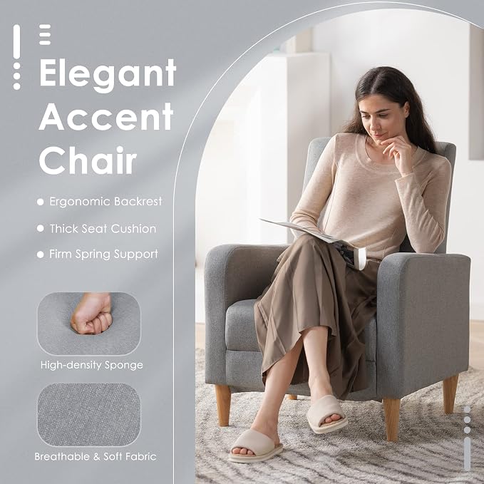 COLAMY Mid-Century Modern Accent Chair, Fabric Upholstered Living Room Chair with Back Pillow & Solid Wood Legs, Comfy Armchair for Living Room, Bedroom, Single Sofa, Grey