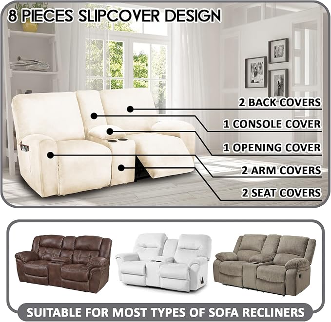 ULTICOR Reclining Love Seat with Middle Console Slipcover, 8-Piece Velvet Stretch Loveseat Reclining Sofa Covers, 2 seat Love seat Recliner Cover, Thick, Soft, Washable, Love seat Slipcovers (Ivory)