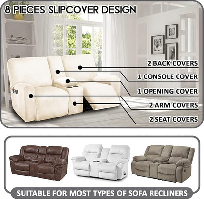 ULTICOR Reclining Love Seat with Middle Console Slipcover, 8-Piece Velvet Stretch Loveseat Reclining Sofa Covers, 2 seat Love seat Recliner Cover, Thick, Soft, Washable, Love seat Slipcovers (Ivory)